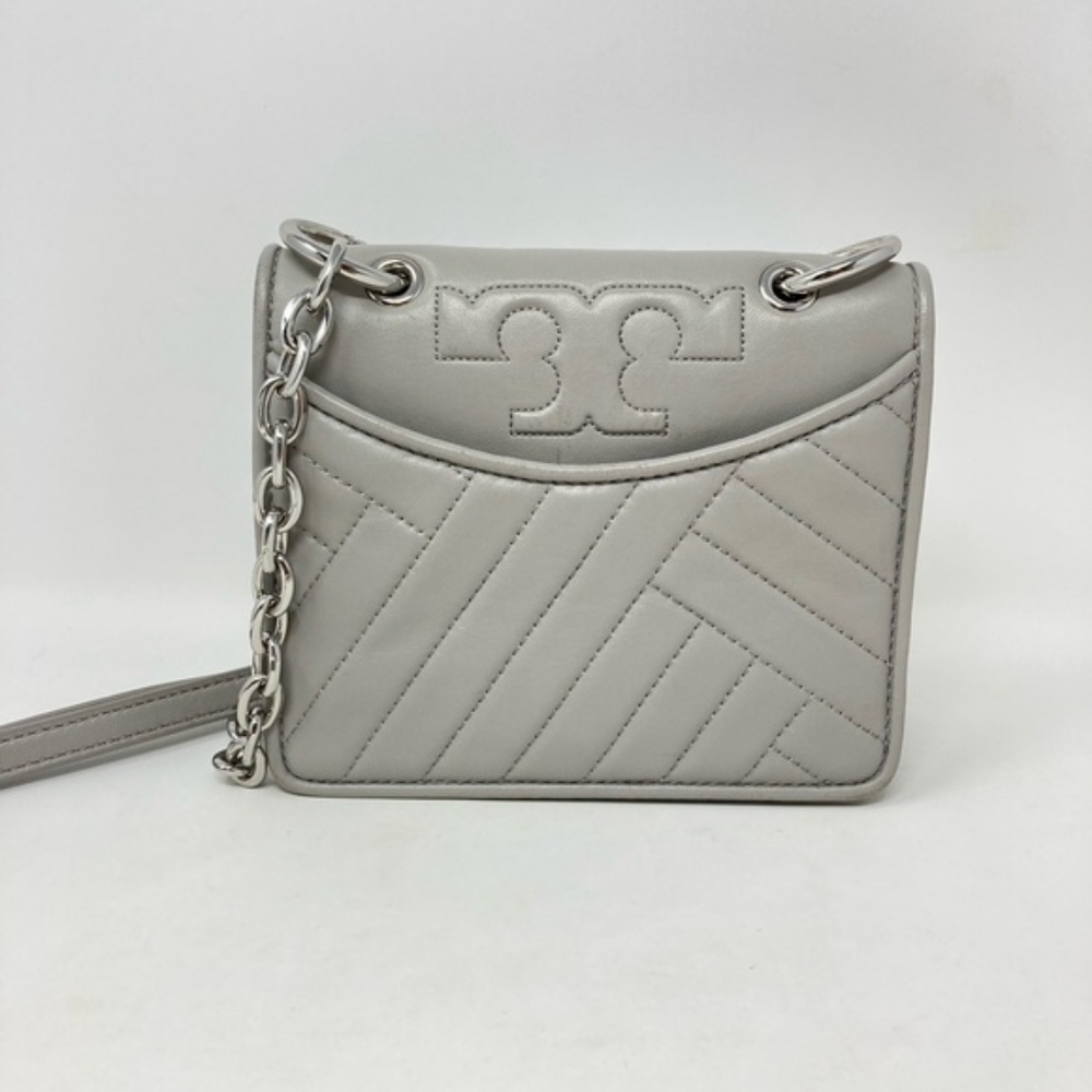 Tory Burch Alexa Quilted Mini Gray Leather Shoulder Bag Chain Strap - Picture 3 of 11